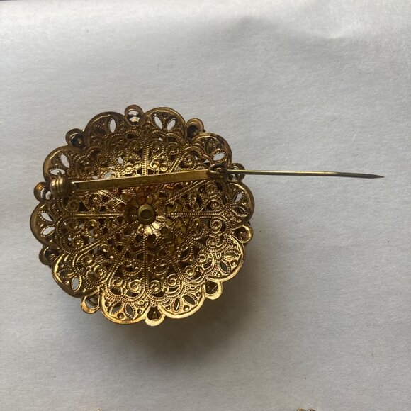 Vintage West Germany Black Cameo Brooch Earrings Set Gold Tone Regency Victorian - Picture 5 of 11